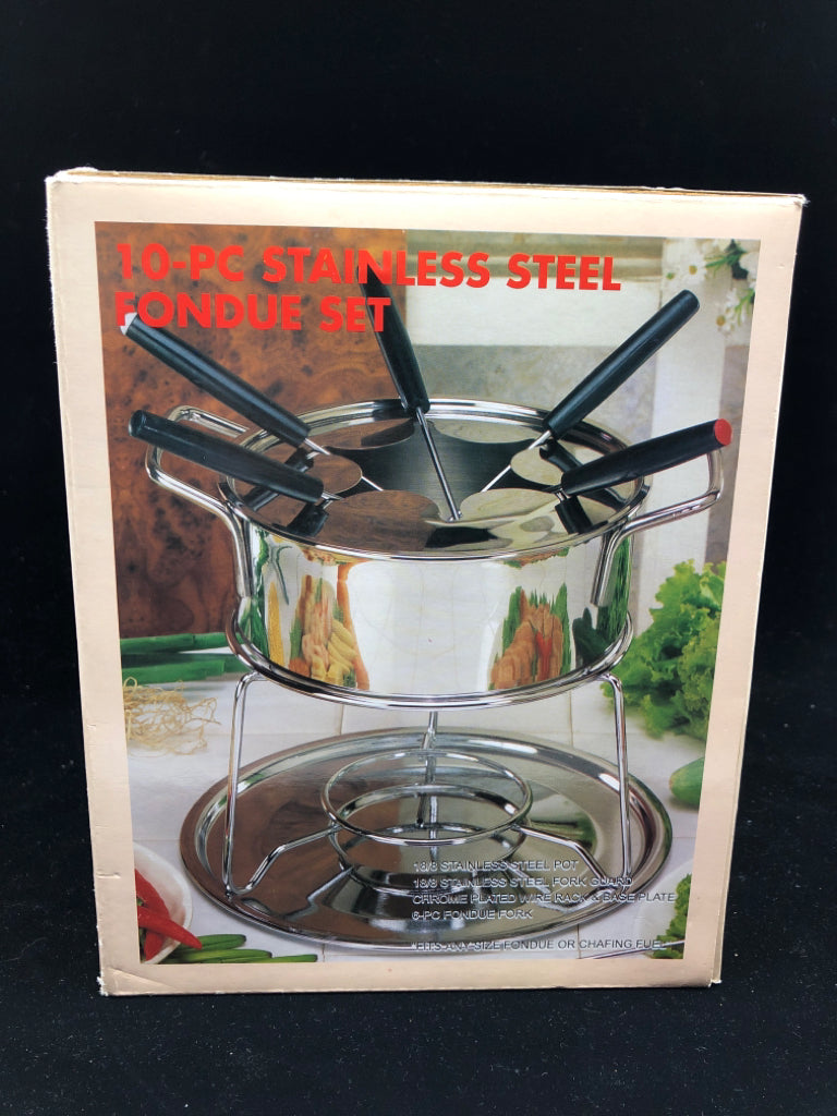 NIB 10 PC STAINLESS STEEL FONDUE SET.