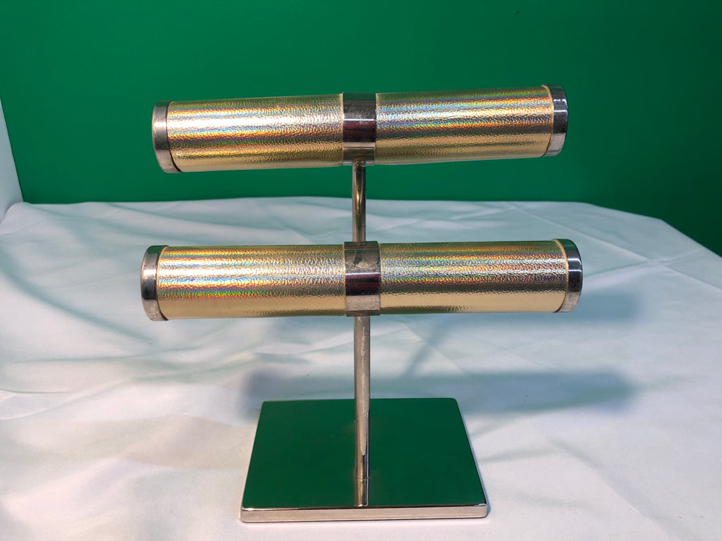2 TIER JEWELRY STAND GOLD FAUX LEATHER METAL BASE.
