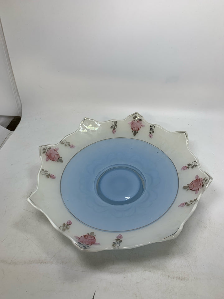 VTG GLASS CENTERPIECE BOWL W/ PINK FLOWERS UNEVEN EDGE.