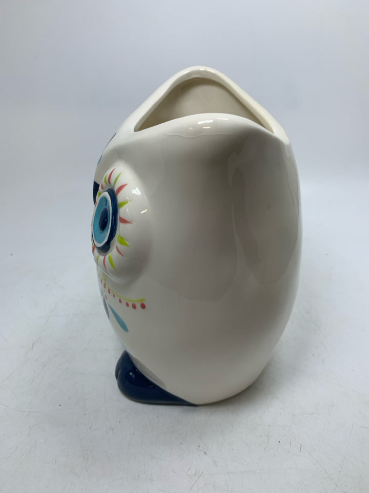 OWL SHAPED VASE W/ COLORFUL FACE.