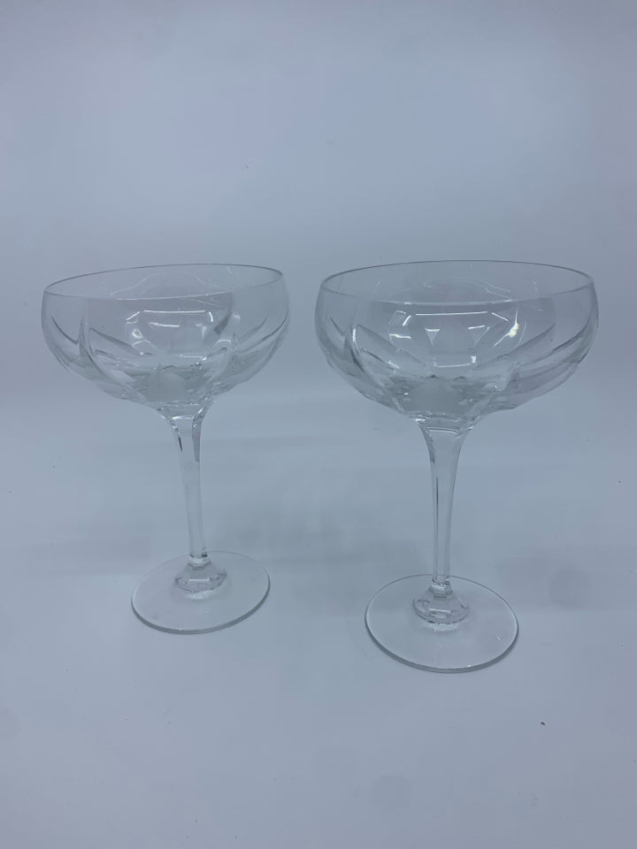 2 CUT GLASS FROSTED COUPE WINE GLASSES.