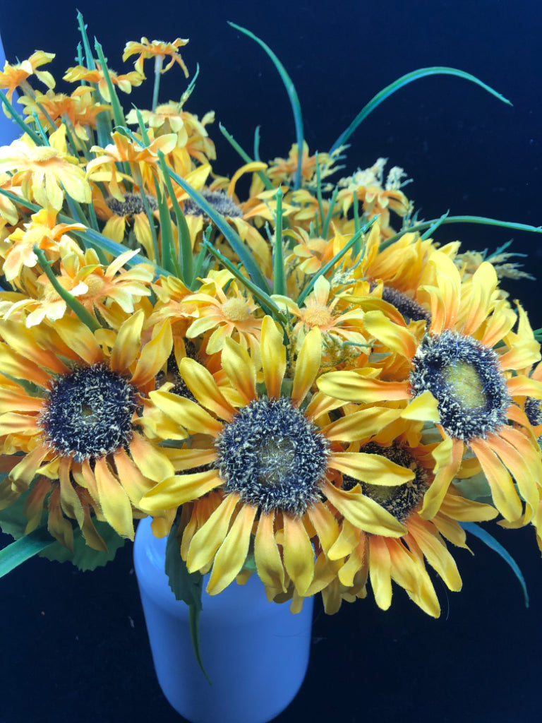 FAUX YELLOW SUNFLOWERS IN WHITE METAL VASE.