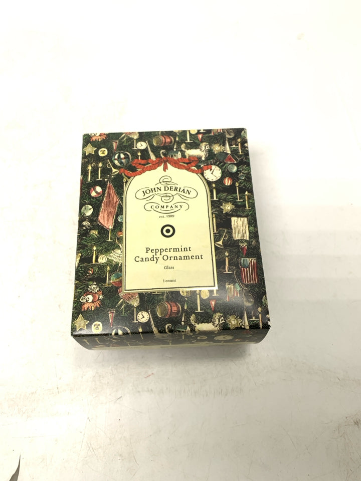 NIB JOHN DERIAN GLASS PEPPERMINT CANDY ORNAMENT.