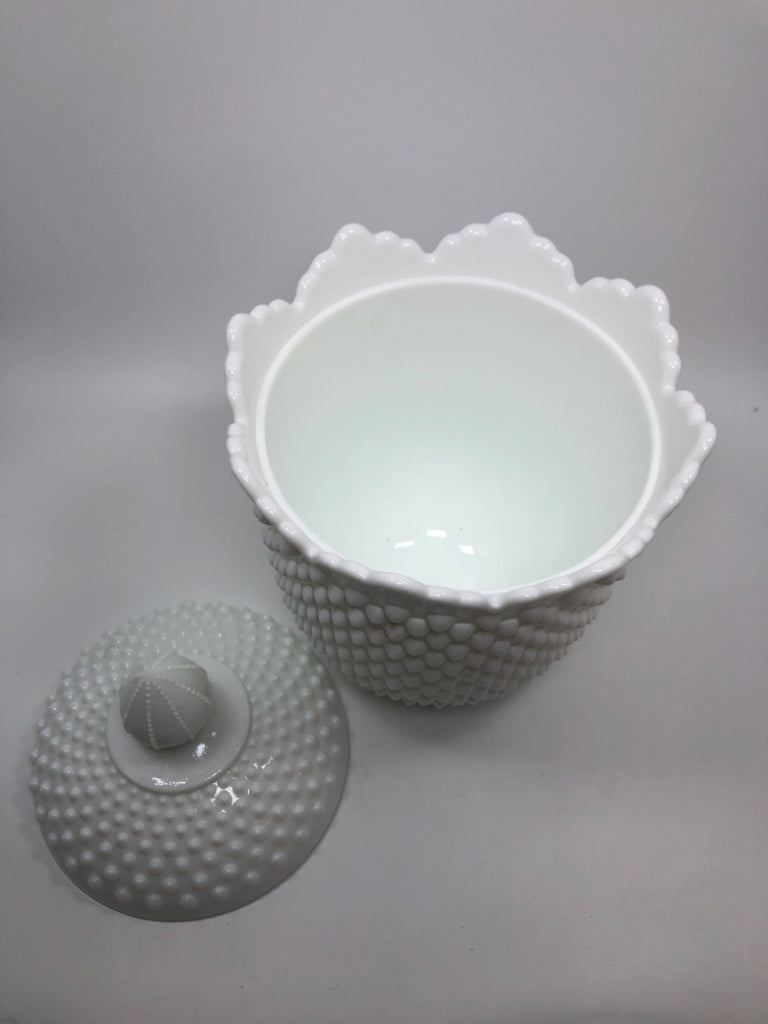 VTG HOBNAIL MILK CLASS CANISTER W/LID.