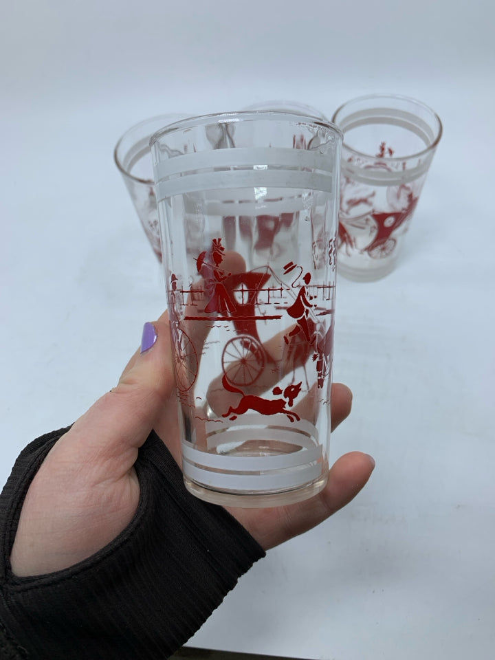 VTG 4 JUICE GLASS W/ PRINTED RED PARK SCENE WHITE DETAILS.