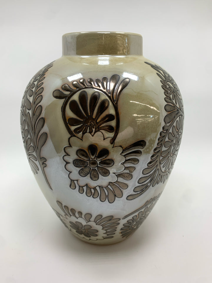 TAN W/BROWN FLORALS CERAMIC VASE.