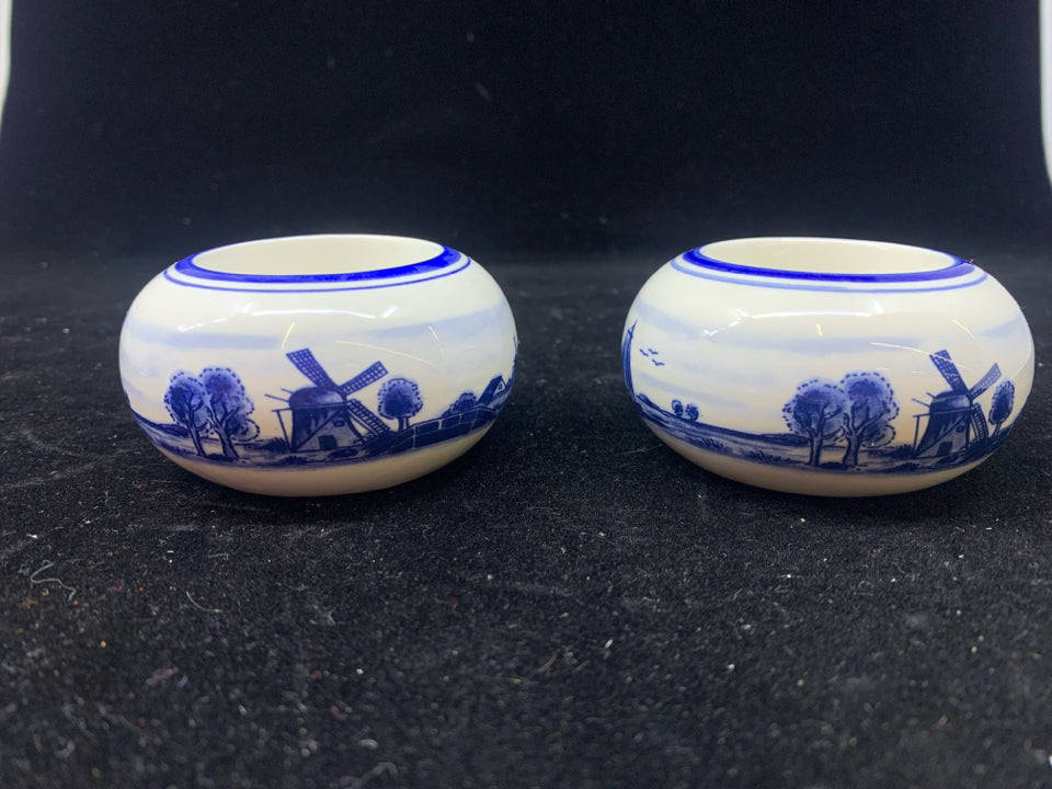 2 ROUND BLUE/WHITE WINDMILL TEA LIGHT HOLDERS.