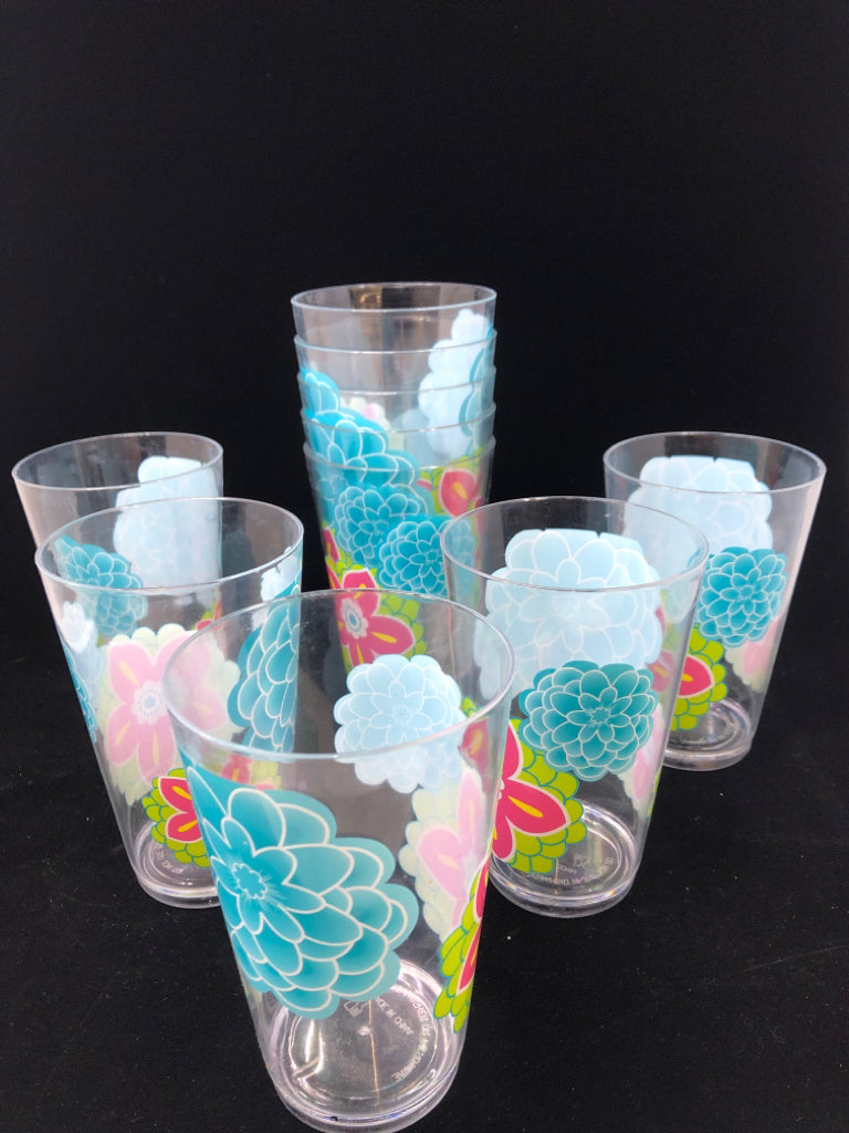 10PC BLUE & PINK FLOWER PLASTIC DRINKING CUPS.