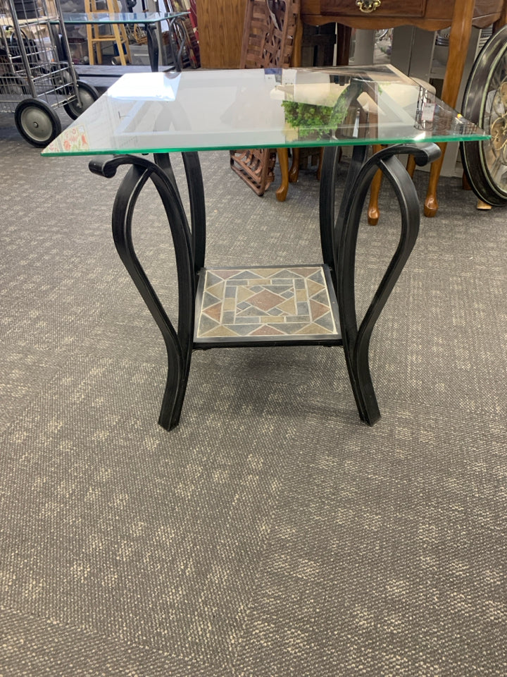 METAL 2 TIER TABLE TILE BOTTOM/GLASS TOP SIDE TABLE.