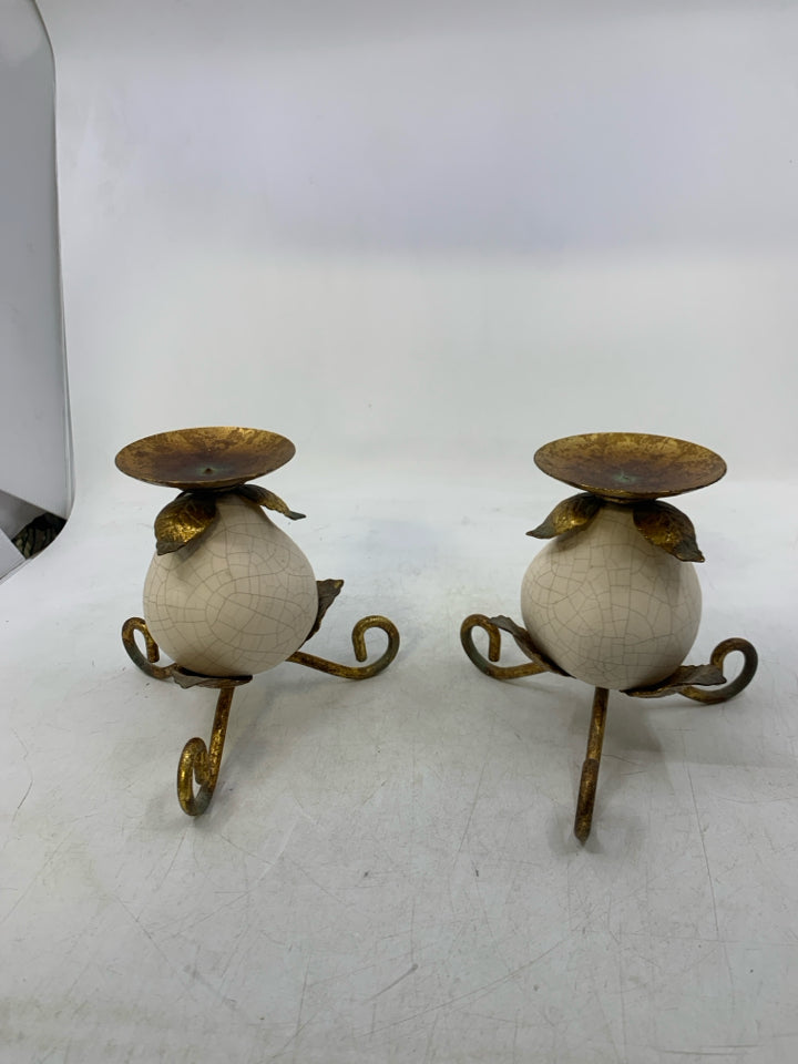 2 GOLD METAL LEG W/ CRACKLE PEAR PILLAR CANDLE HOLDERS.