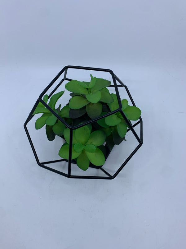 BLACK CAGE W/ FAUX PLANT W/ SQUARE CEMENT PLANTER.