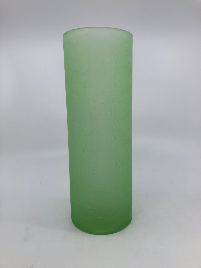 FROSTED GREEN CRACKLE GLASS CYLINDER CANDLE HOLDER.