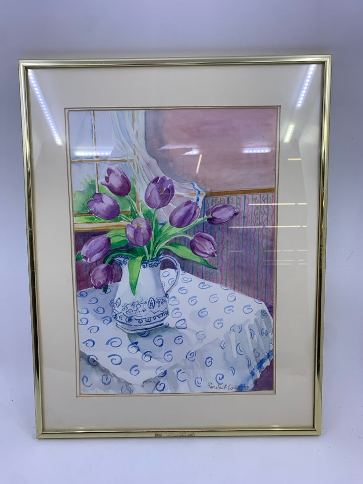 PURPLE TULIPS IN PITCHER IN GOLD FRAME WALL ART.