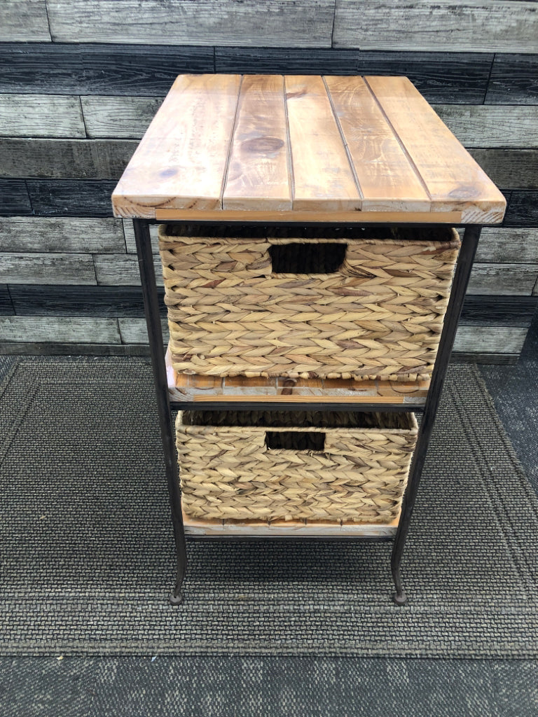 FARMHOUSE STYLE 3 SHELF TABLE W TWO BASKETS.