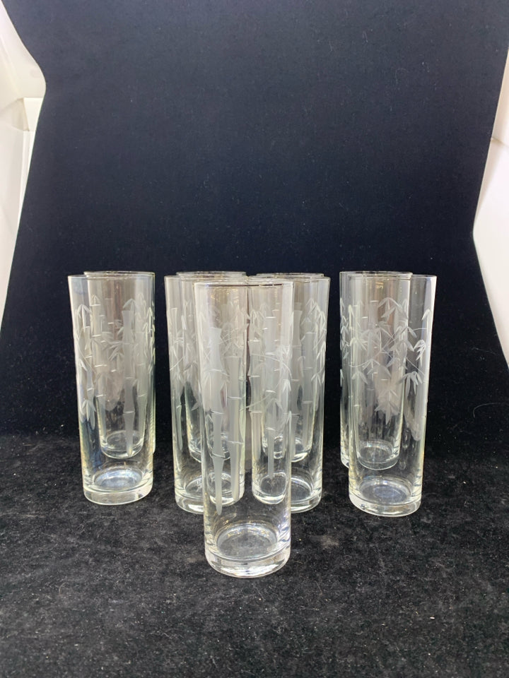 9 VTG SASAKI BAMBOO ETCHED CRYSTAL HIGHBALL GLASSES.
