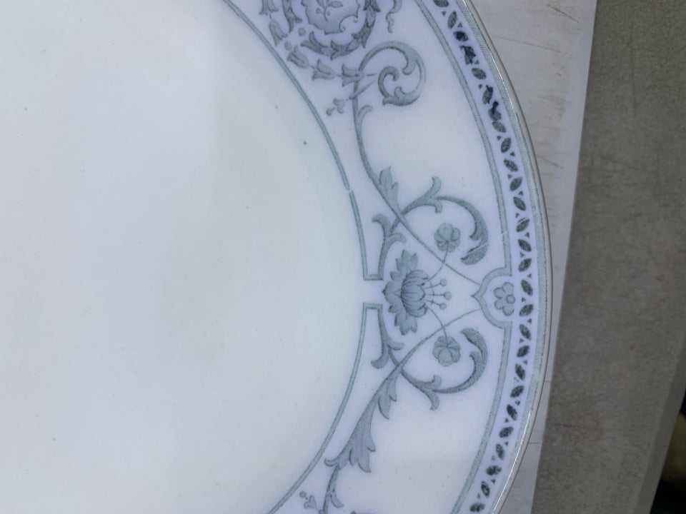 LARGE OVAL WHITE SERVING PLATTER W/ BLUE FLORAL & SCROLL EDGE.