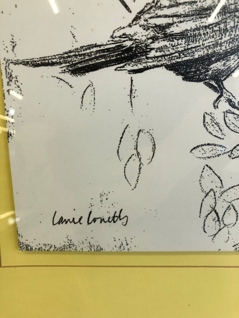 B&W STAMPED PRINT BIRD ON BRANCH LOOKING LEFT IN FRAME.