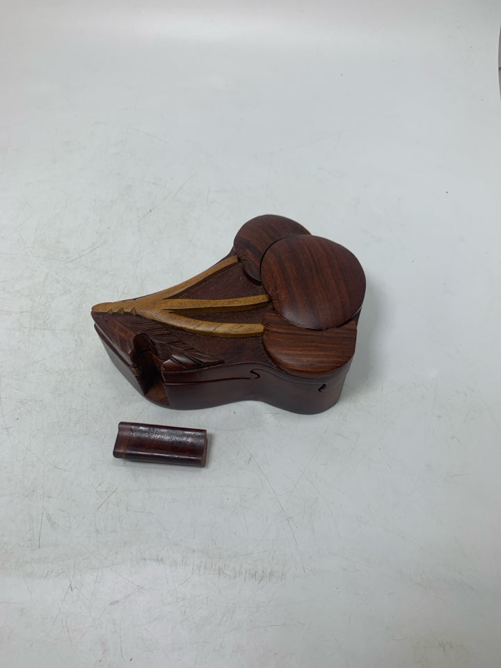 DARK WOOD CARVED CHERRIES PUZZLE TRINKET BOX.