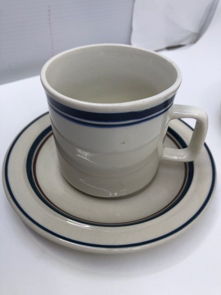 6 STONEWARE MUGS/SAUCERS.