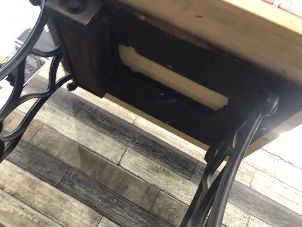 VTG SEWING MACHINE TABLE LEGS WITH BUTCHER BLOCK WOOD TOP.
