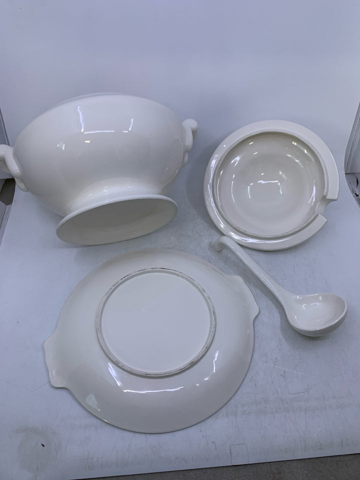 CREAM 3 PC CERAMIC SOUP TUREEN DRIP PLATE + SPOON.