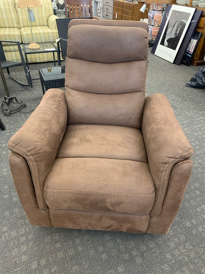 BROWN FAUX SUEDE SWIVEL RECLINER.