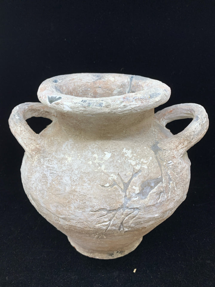 DISTRESSED HEAVY POTTERY PLANTER WITH HANDLES.