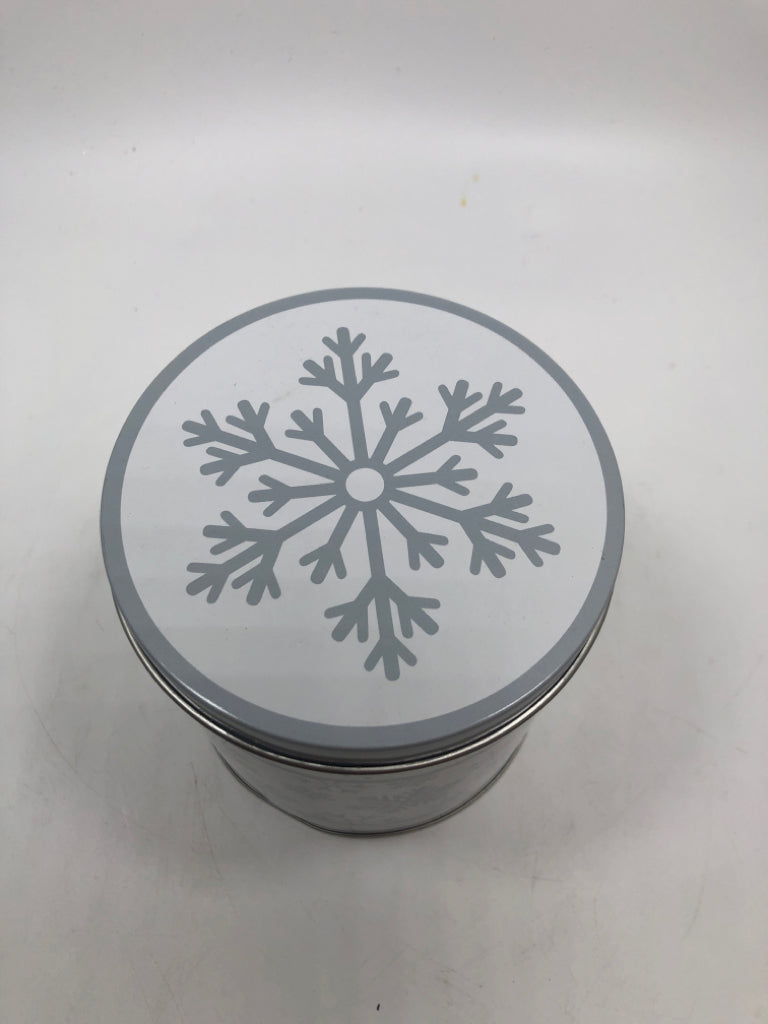 WHITE/GRAY SNOWFLAKE TIN CAN.