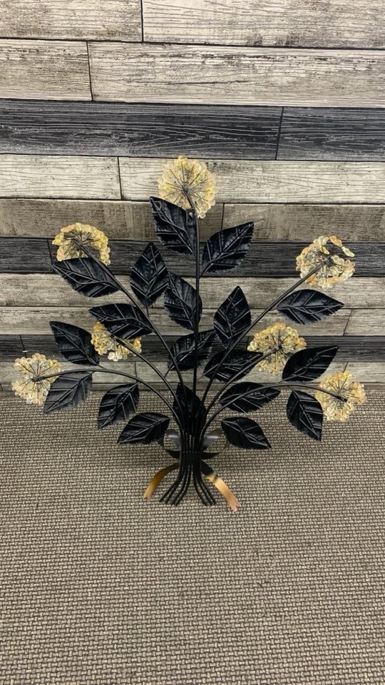 BEADED FLOWERS ON BROWN METAL LEAVES WALL HANGING.