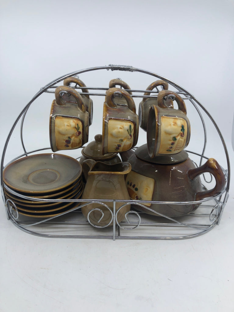 15 PC LIGHT BROWN CERAMIC TEA SET W/ DISPLAY RACK W/ EMBOSSED TEA POT/ BASKET OF