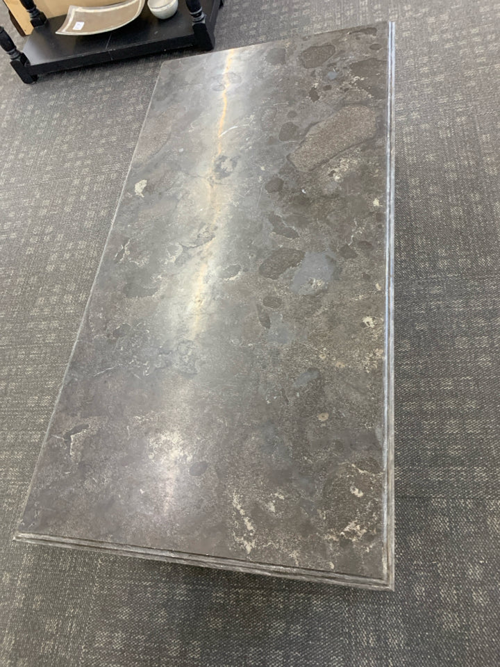 BLUESTONE TOP COFFEE TABLE W/WOOD BASE.