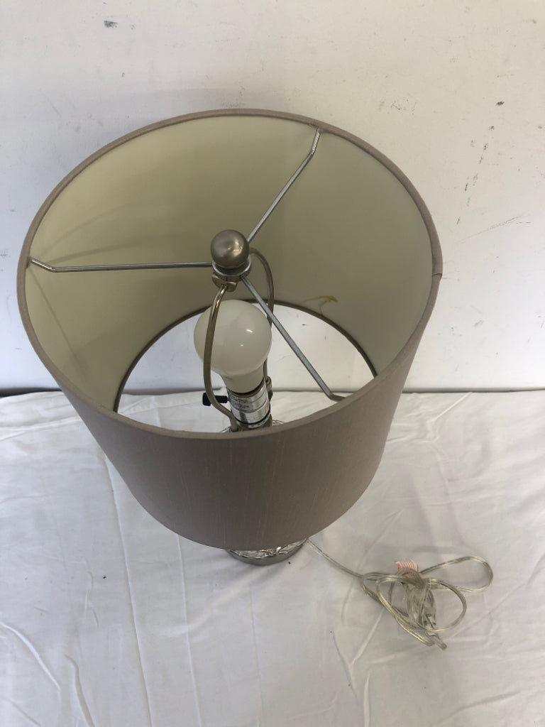 SILVER MERCURY BASE LAMP W TAN SHADE.