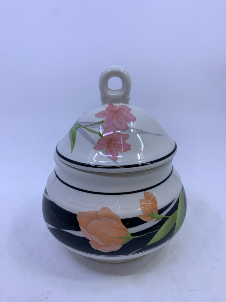 BLACK+WHITE W/PINK ORANGE PAINTED FLOWERS.