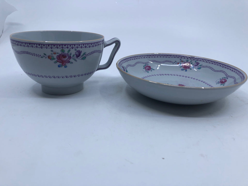 VTG PURPLE W/FLOWERS COPELAND TEACUP AND SAUCER.