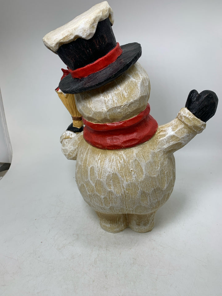 RESIN WAVING DISTRESSED SNOWMAN HOLDING BROOM.