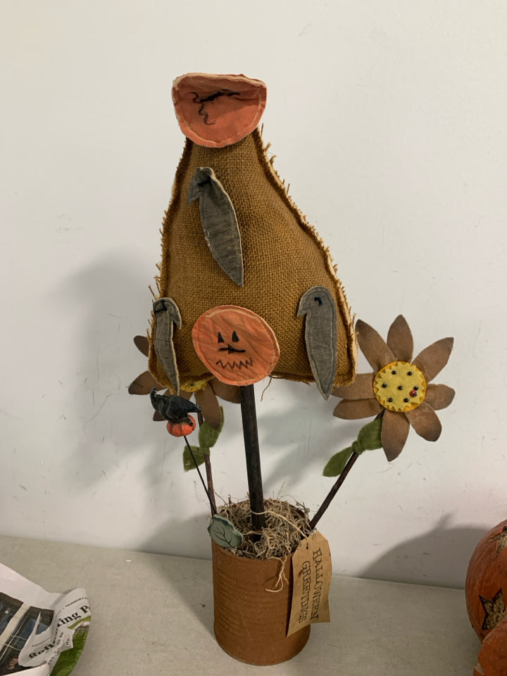 PRIMITIVE STYLE CANDY CORN TREE W/ PUMPKINS/CROWS.