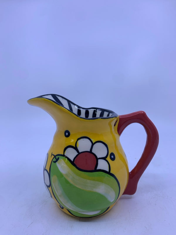 PAINTED POTTERY PITCHER W WIDE SPOUT.