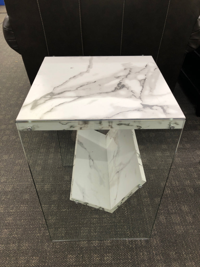 FAUX MARBLE END TABLE W/GLASS SIDES & FAUX MARBLE SLANTED SHELF.