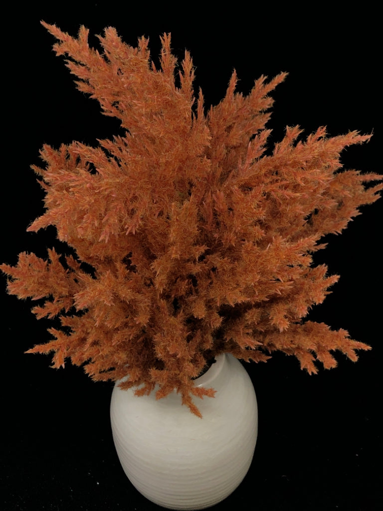 WHITE CERAMIC CRACKLE VASE W/FAUX ORANGE FEATHERED LEAVES.