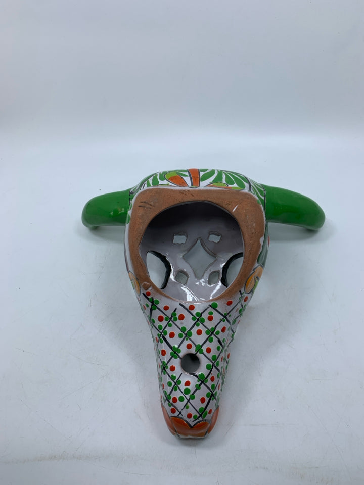 HEAVY COLORFUL TERRA COTTA COW SKULL MEXICAN FOLK ART.
