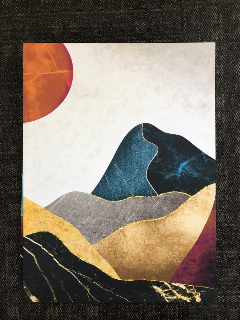 3PC ABSTRACT MOUNTAINS/SUN WALL ART.