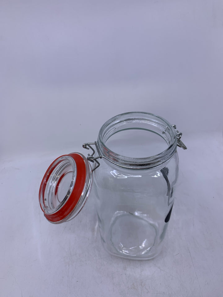 LARGE GLASS CANISTER WITH CHALK LABEL.