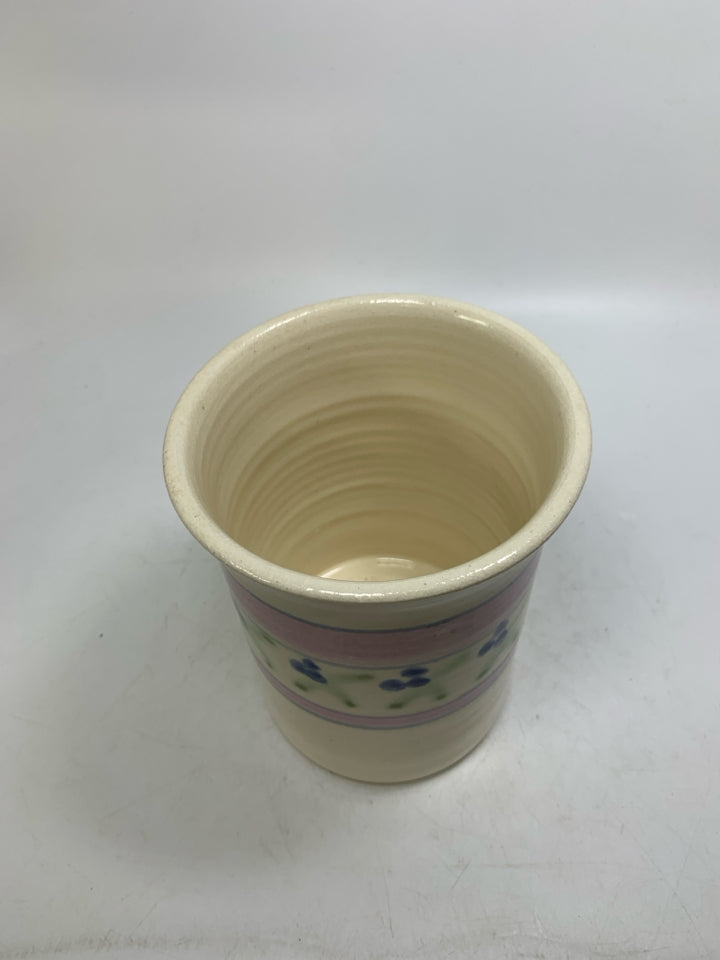 POTTERY CRACKLE CROCK W/ PINK BAND/ BLUE FLOWERS.