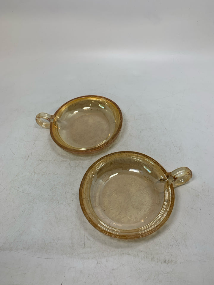 2 VTG SHALLOW PEACH IRIDESCENT GLASS BOWLS W/ HANDLES EMBOSSED LEAVES.