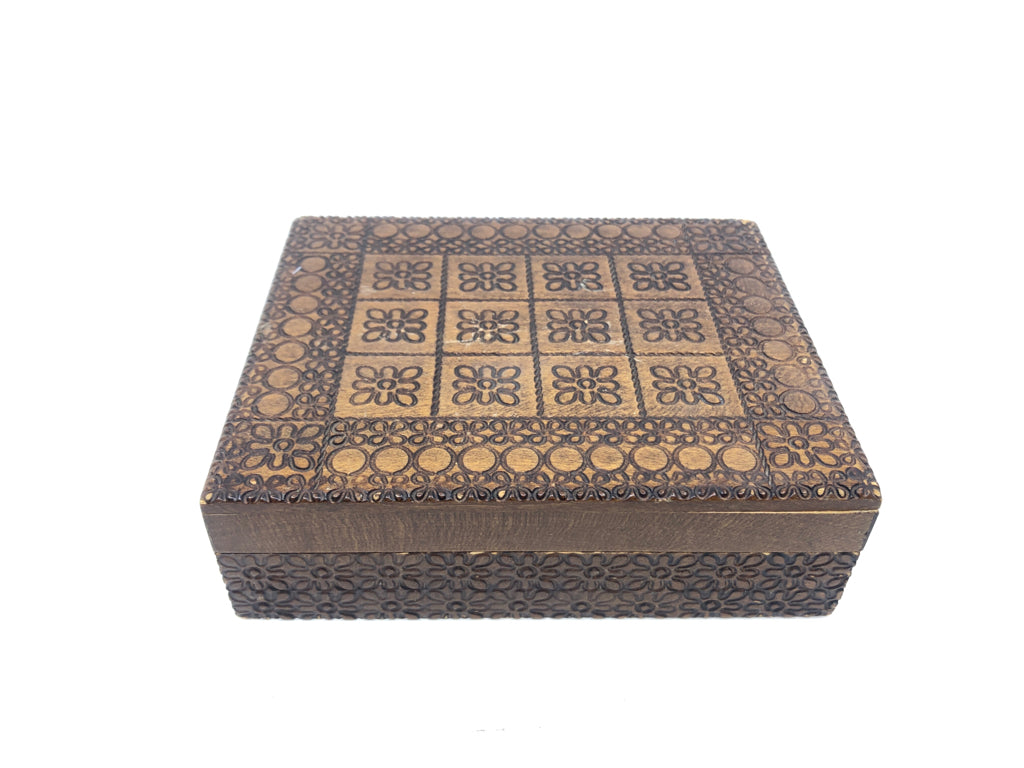 DARK WOOD BOX W/ EMBOSSED FLOWERS.