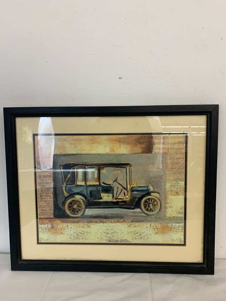 OLD VTG BLUE CAR PRINT WALL HANGING IN BLACK FRAME.