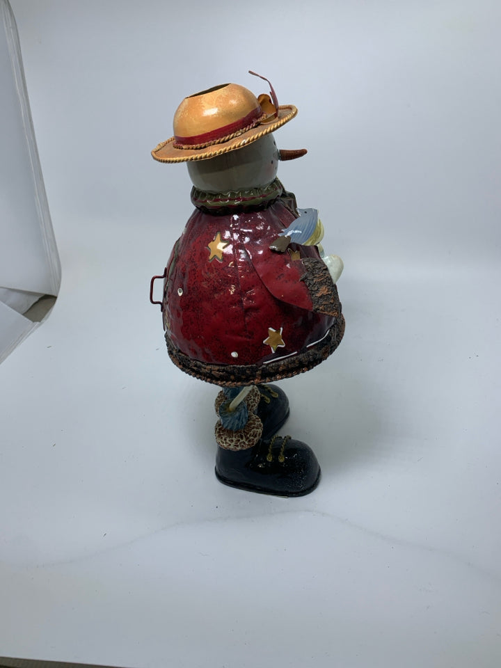 METAL STANDING SNOWMAN W/ RED SHIRT ASSORTED BIRDS TEA LIGHT HOLDER.
