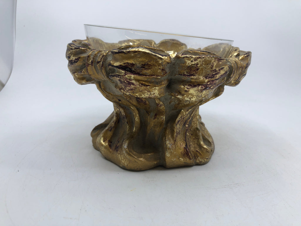HEAVY DISTRESSED GOLD BASE W/ GLASS INSERT.