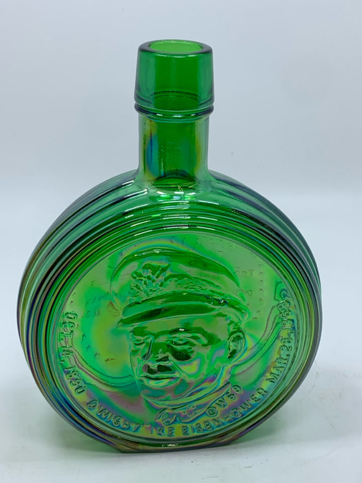 VTG GREEN IRIDESCENT GLASS EISENHOWER EMPTY BOTTLE.