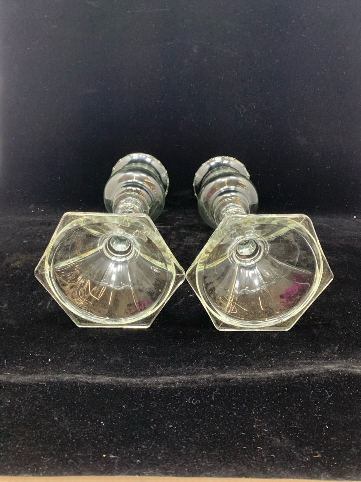 2 HURRICANE GLASS CANDLE HOLDERS W/ETCHED LEAVES.